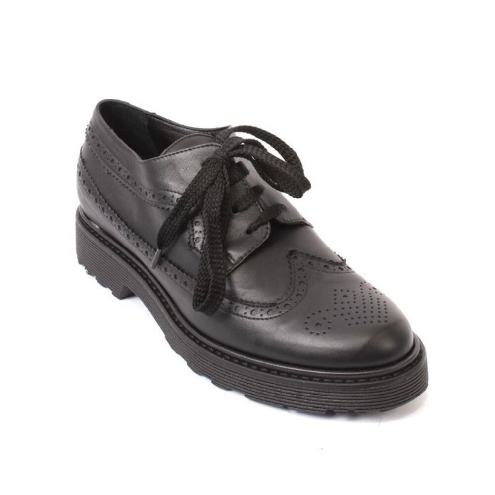 Fucsia 96271b Black Leather Lace-Up Loafers Comfort Shoes